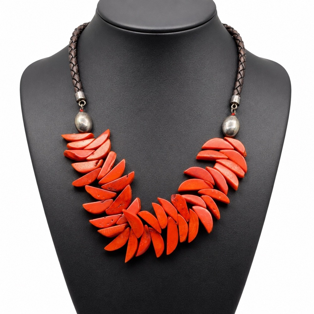 Red Orange Stone Bib Style Necklace Crescent Shaped Beads Braided Cord Necklace
